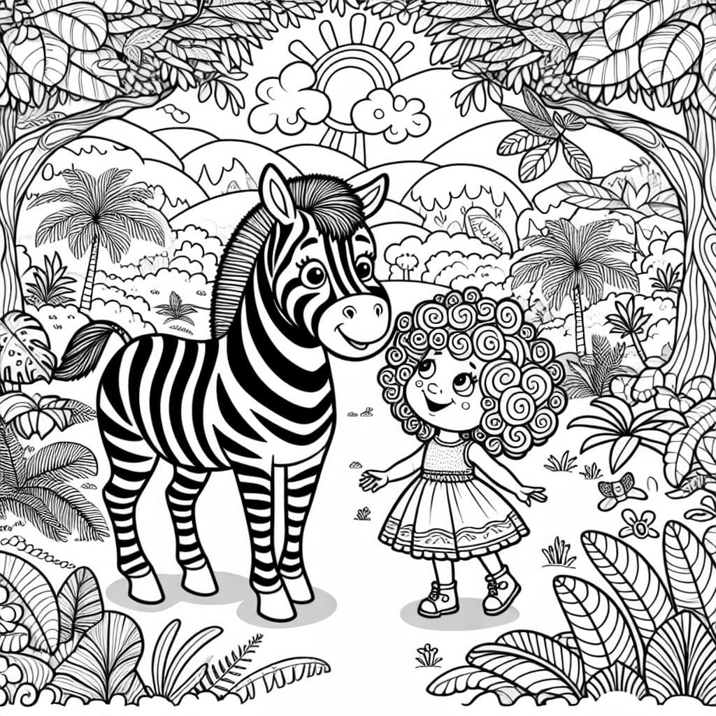 A zebra in the jungle with a little girl with curly hair