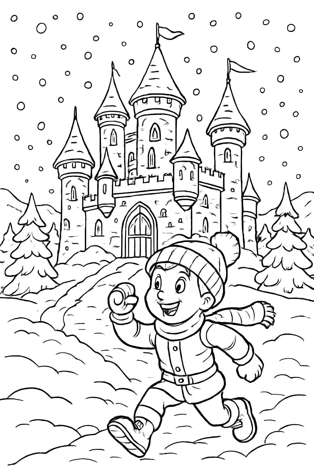 Un castillo de invierno nevado con muchos detalles