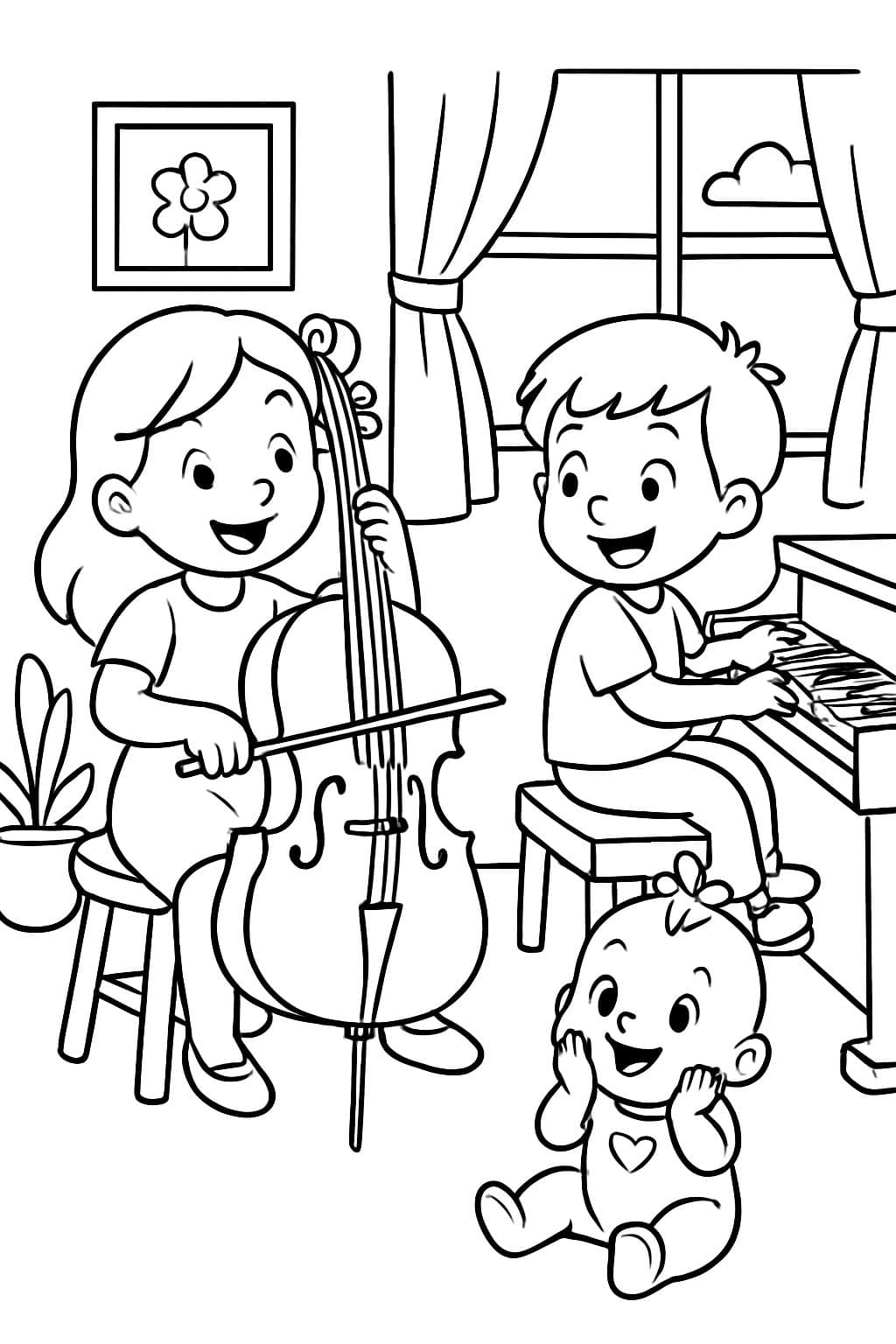 Older sister playing cello, brother playing piano and baby sister listening.