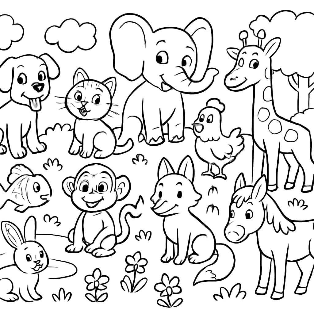 1 chien, 1 chat, 1 poule, 1 lapin, 1 singe, 1 éléphant, 1 girafe, 1 poisson, 1 loup, 1 renard, 1 âne, 1 cheval, 1 vache