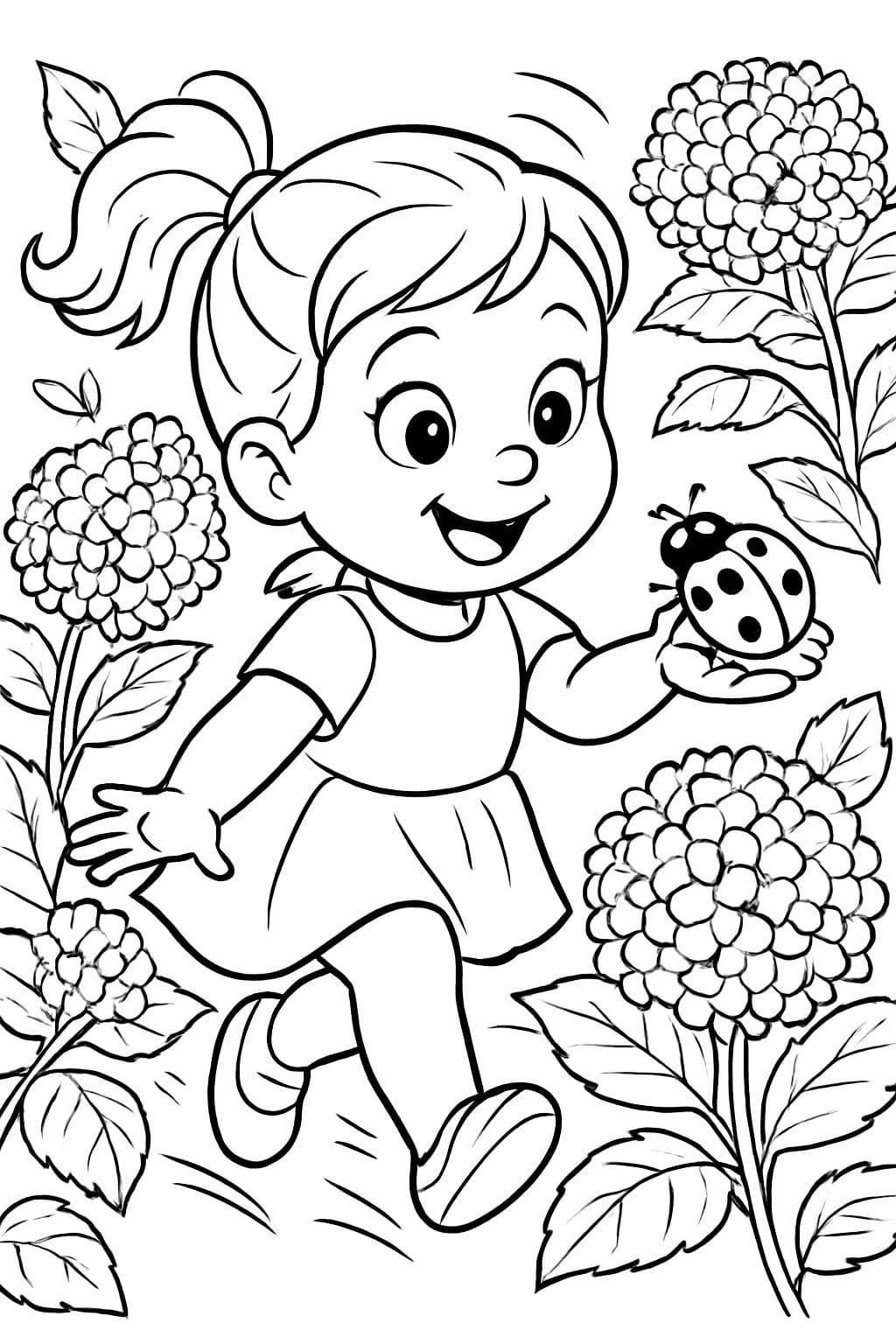 ein Kleinkind-Mädchen hält einen Marienkäfer, umgeben von Hortensien