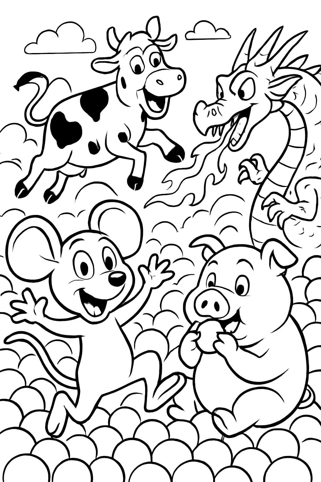Une souris amusante avec une vache sautant dans une fosse à balles avec un dragon crachant du feu et un cochon qui continue de manger les balles.