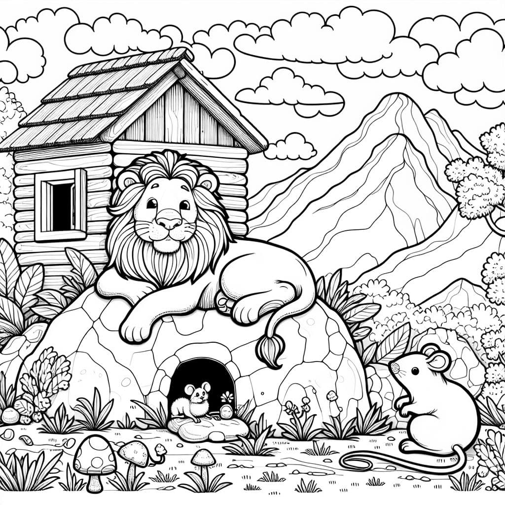 Ein Löwe in der Wildnis liegt auf einem großen Felsen ganz unten befindet sich die Maus neben ihrem kleinem Haus