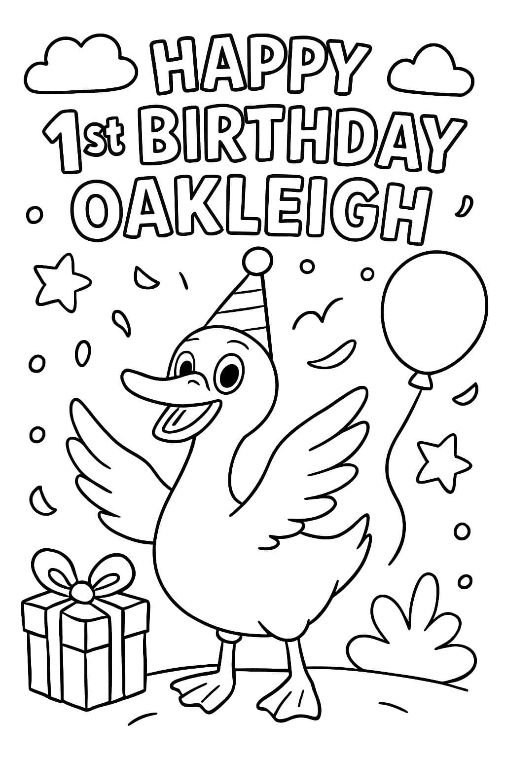 une oie d'anniversaire avec les mots joyeux 1er anniversaire oakleigh