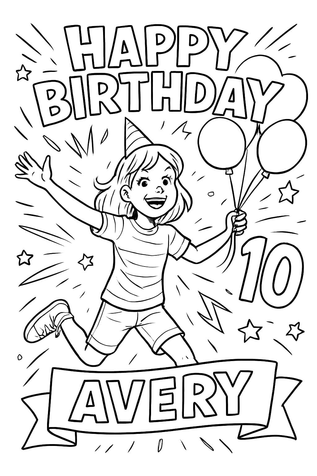 Eine Karte für den 10. Geburtstag meiner Freundin. Ihr Name ist Avery.