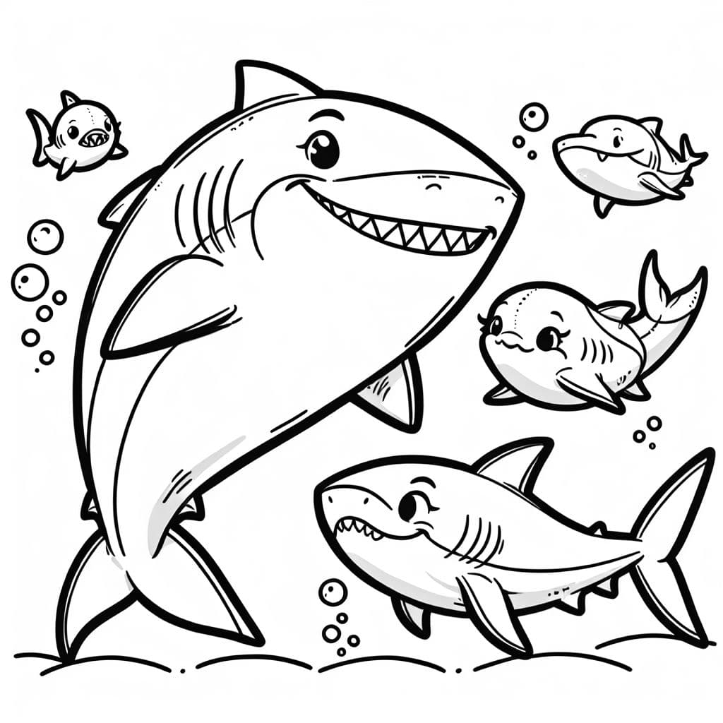 une famille de requins avec un papa requin, une maman requin, une fille requin et un bébé requin