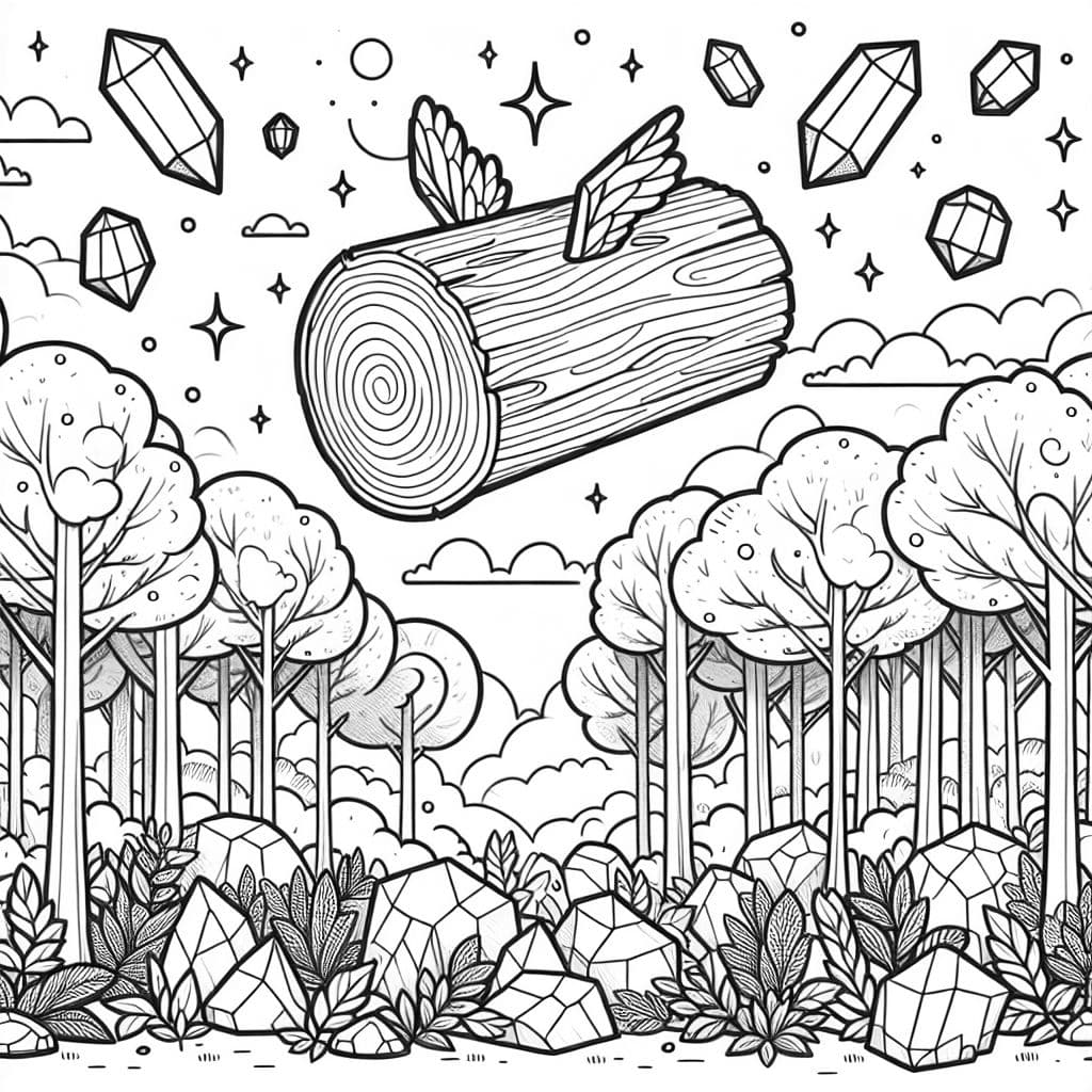 Fliegender Baumstamm mitten im Wald mit Kristallen gefüllt