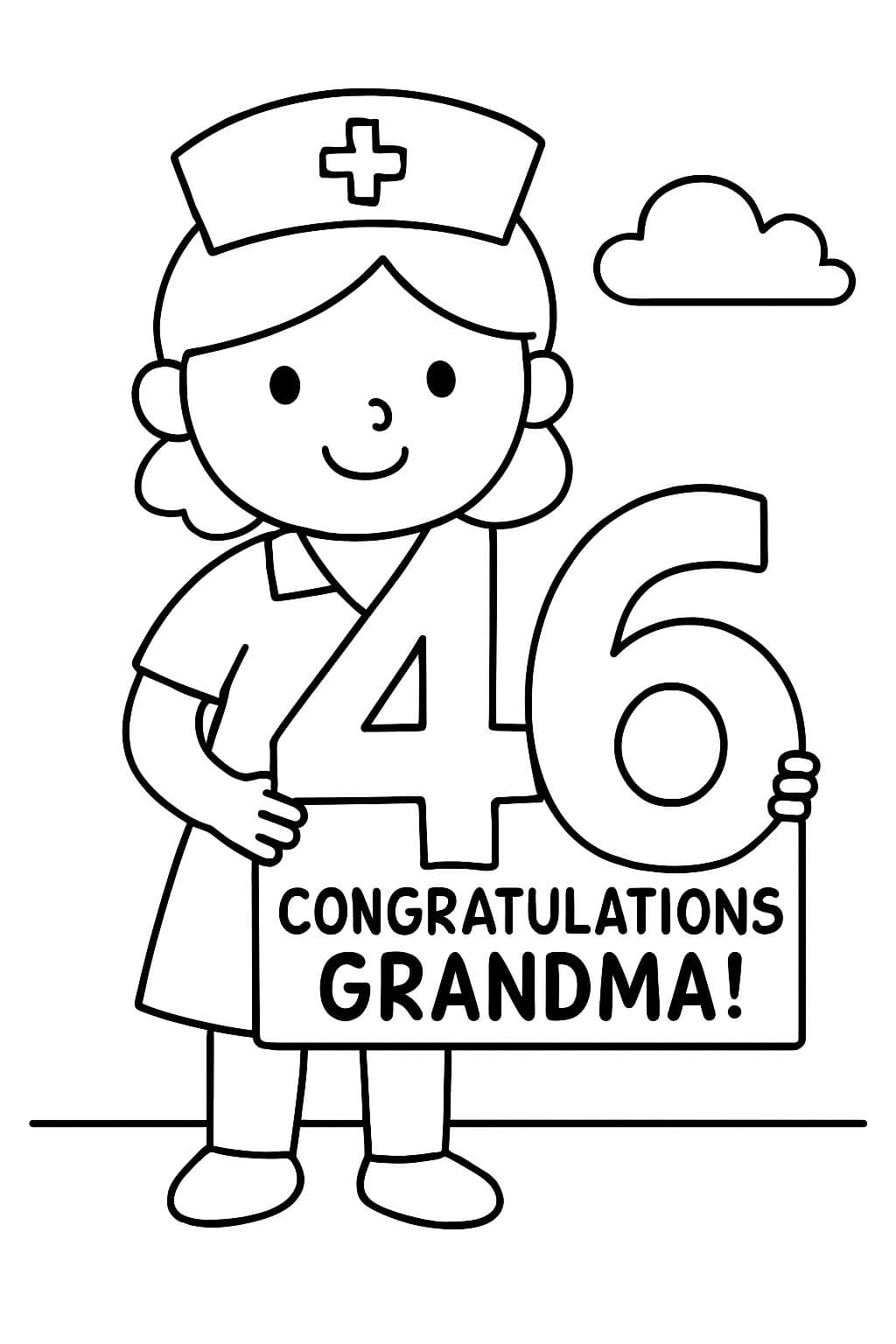 Eine Krankenschwester mit einer großen 46, die sagt: Herzlichen Glückwunsch, Oma!