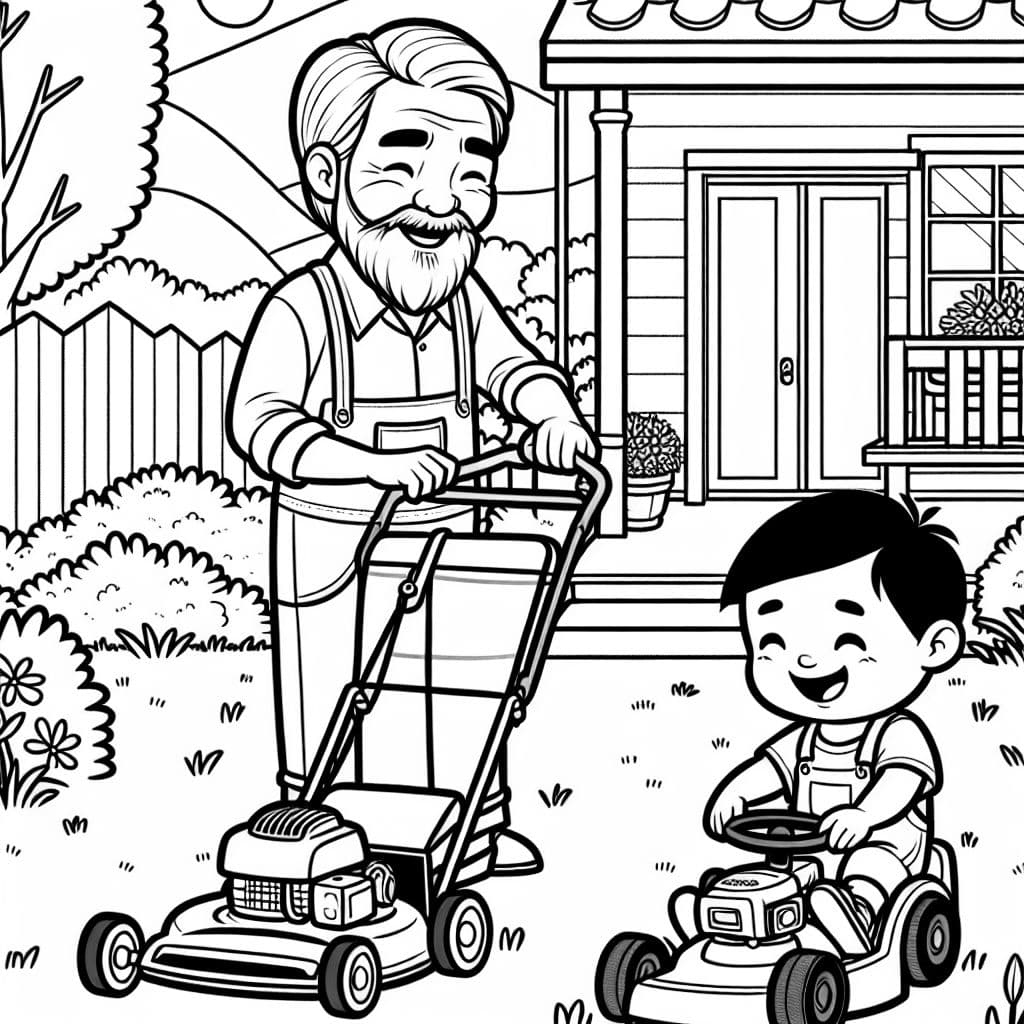 lawn mowing competition between older dad and little tyke