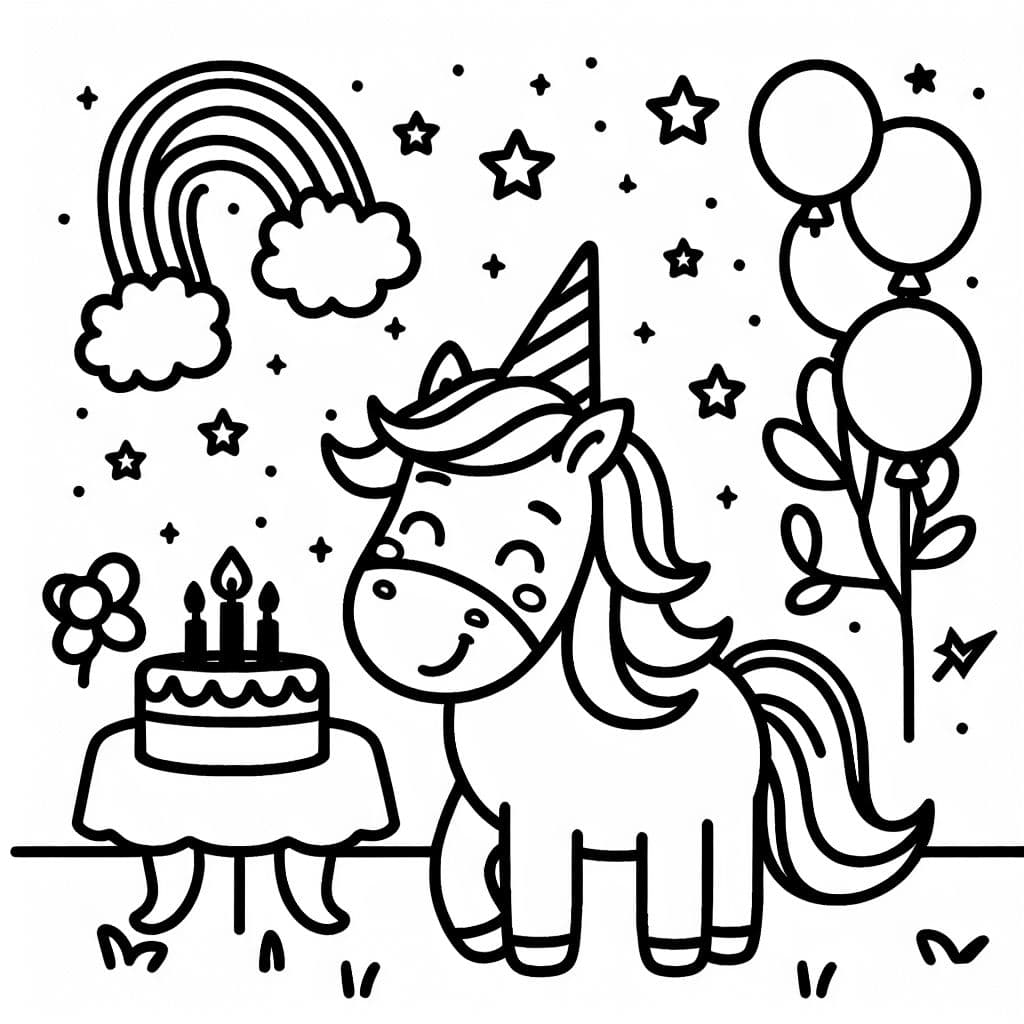 A unicorn in a birthday party with rainbows and stars