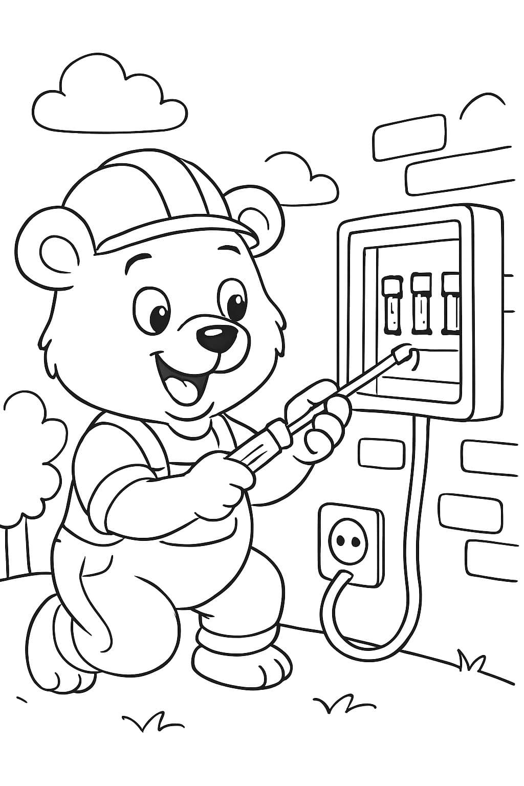 einen Bären als Elektriker, der einen Sicherungskasten anschließt