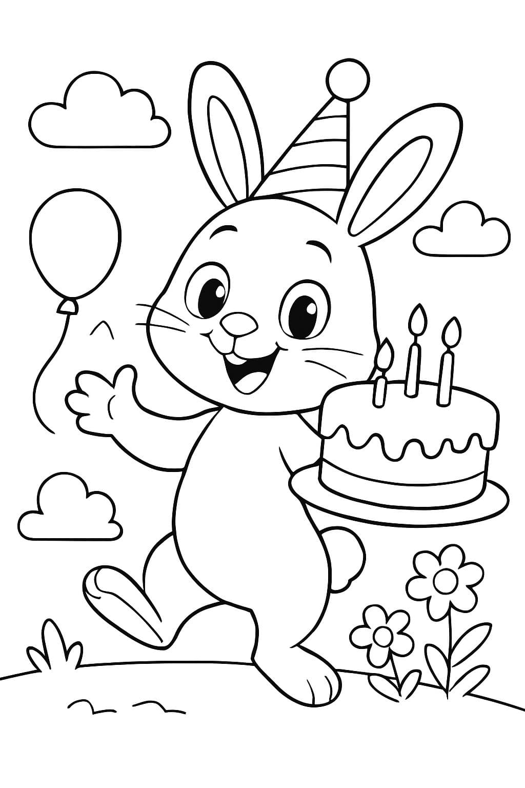 un conejo con un pastel de cumpleaños y un sombrero