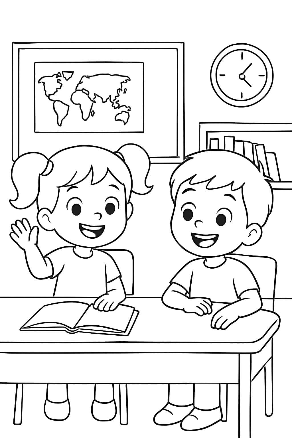 ein Junge und ein Mädchen sitzen am Schreibtisch in der Schule