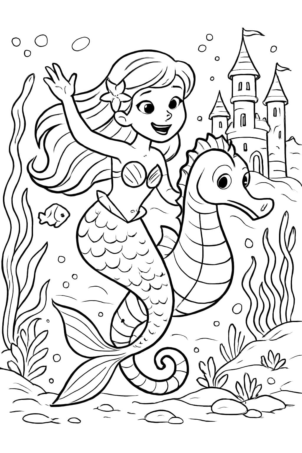 Sirena monta en caballito de mar hacia el castillo bajo el agua