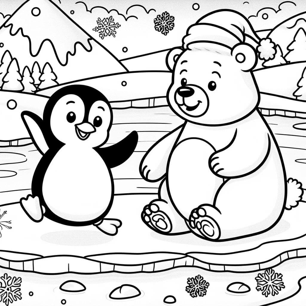 Einen Pinguin und ein Eisbär mit schneeflocken und einen See