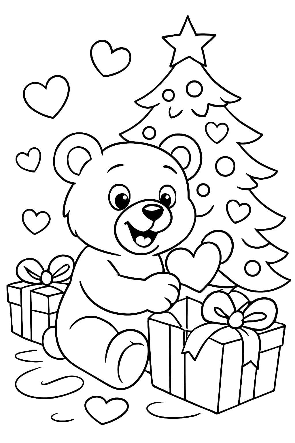 um urso de pelúcia antiquado sentado em frente a uma árvore de Natal desembrulhando corações e presentes