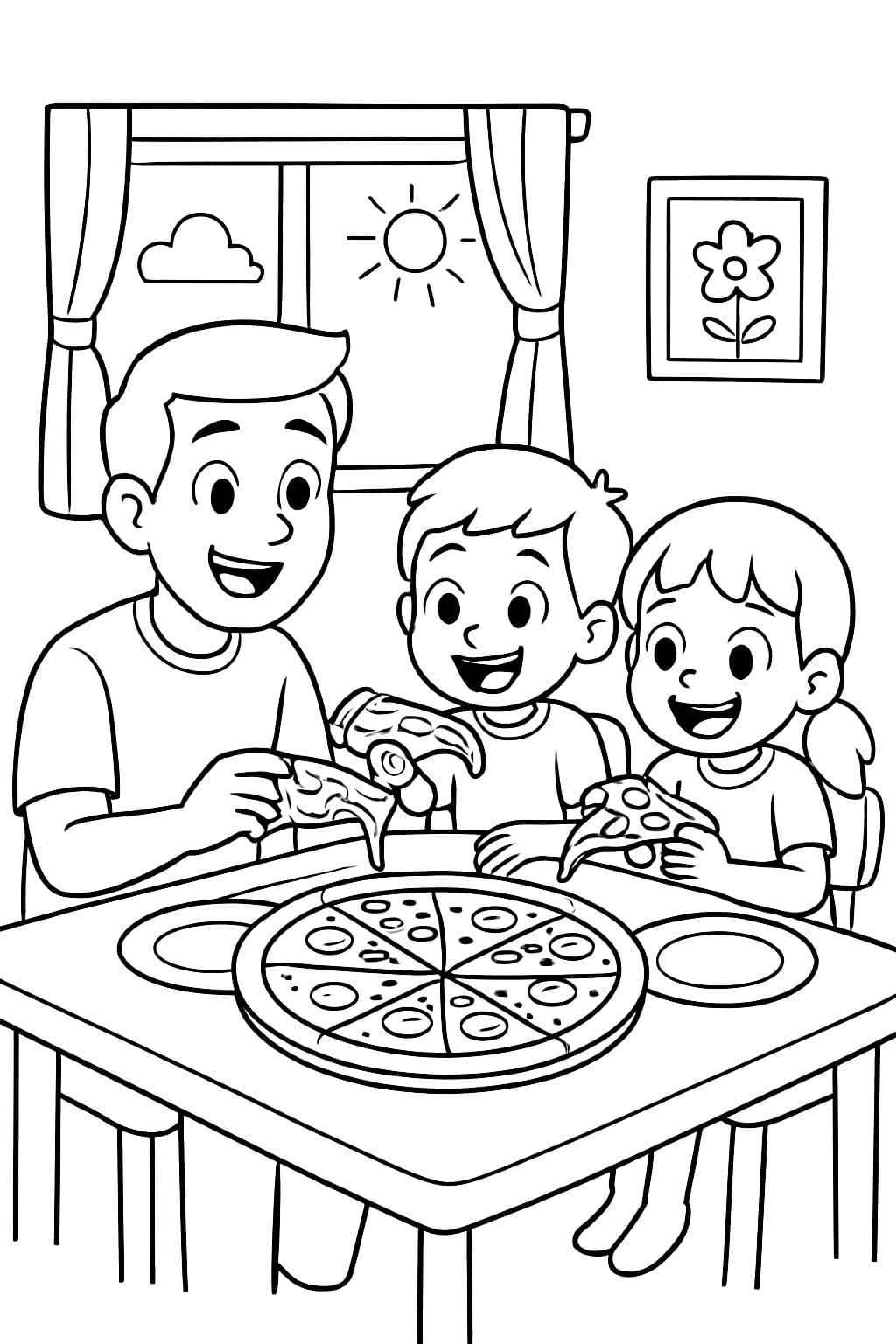 Une famille composée d'un papa, d'un papa et de jumeaux de quatre ans (un fils et une fille) assis autour d'une table à manger rectangulaire en train de manger de la pizza.