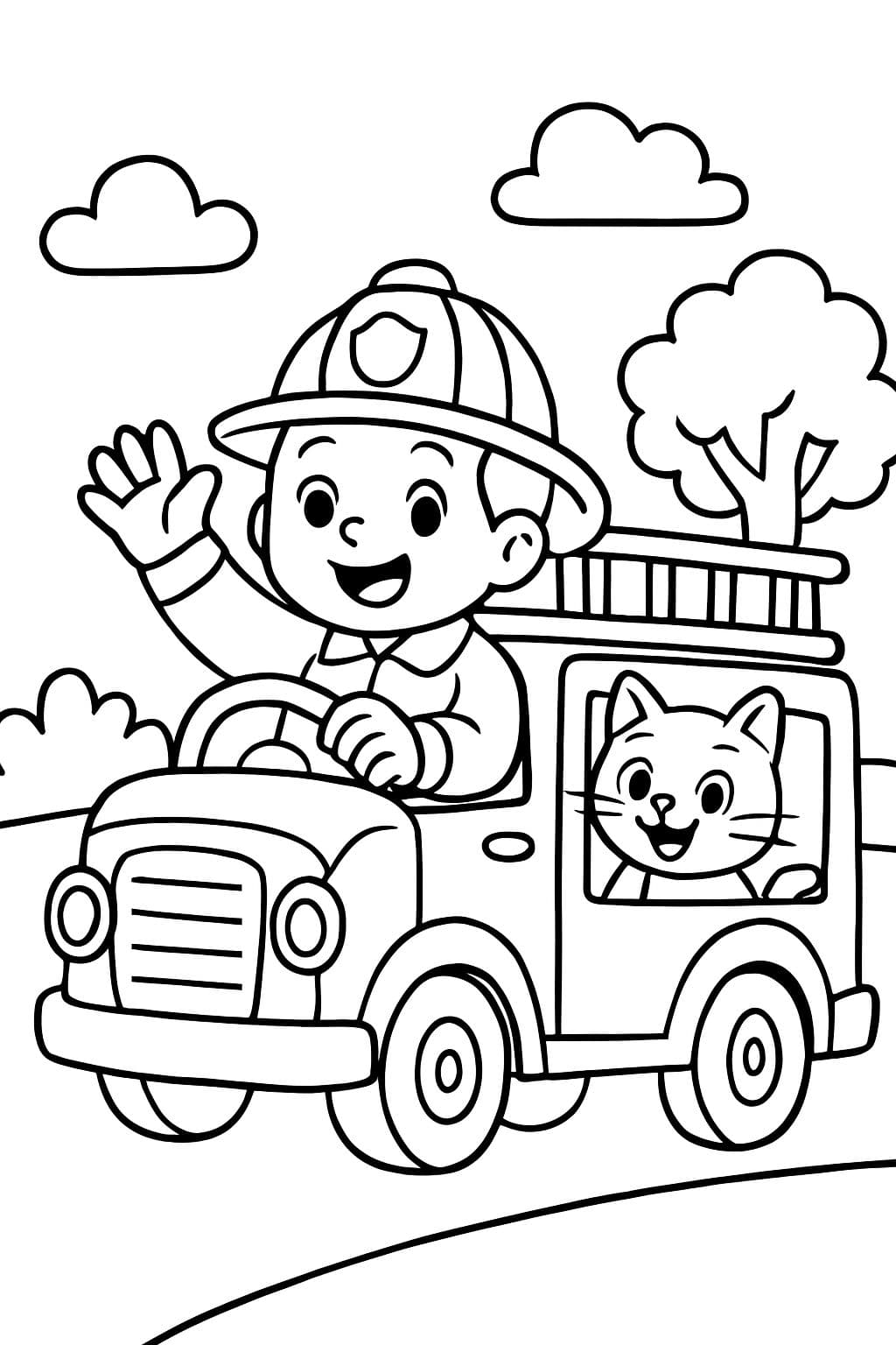 Um caminhão de bombeiros com um gato sem nuvens e um volante branco
