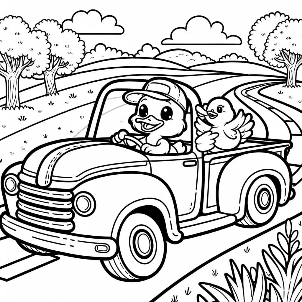 A duck driving a pickup truck in the center of the image with no lines touching the edge