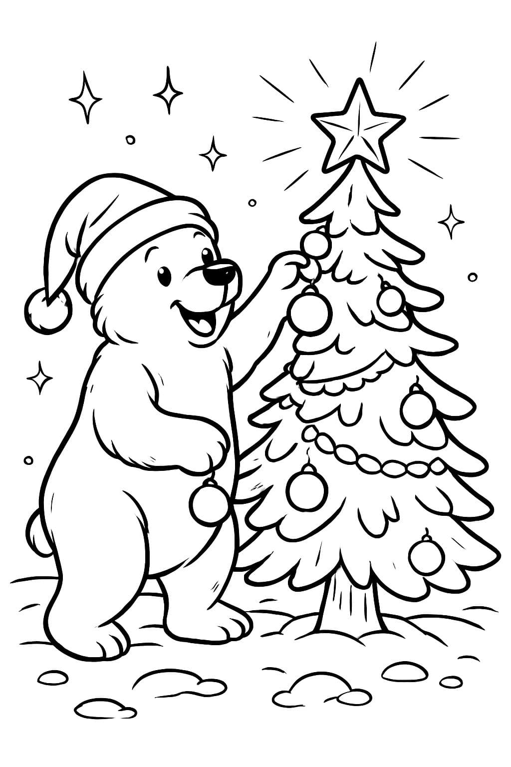 Ein Eisbär trägt einen Weihnachtsmann und dekoriert einen Weihnachtsbaum.