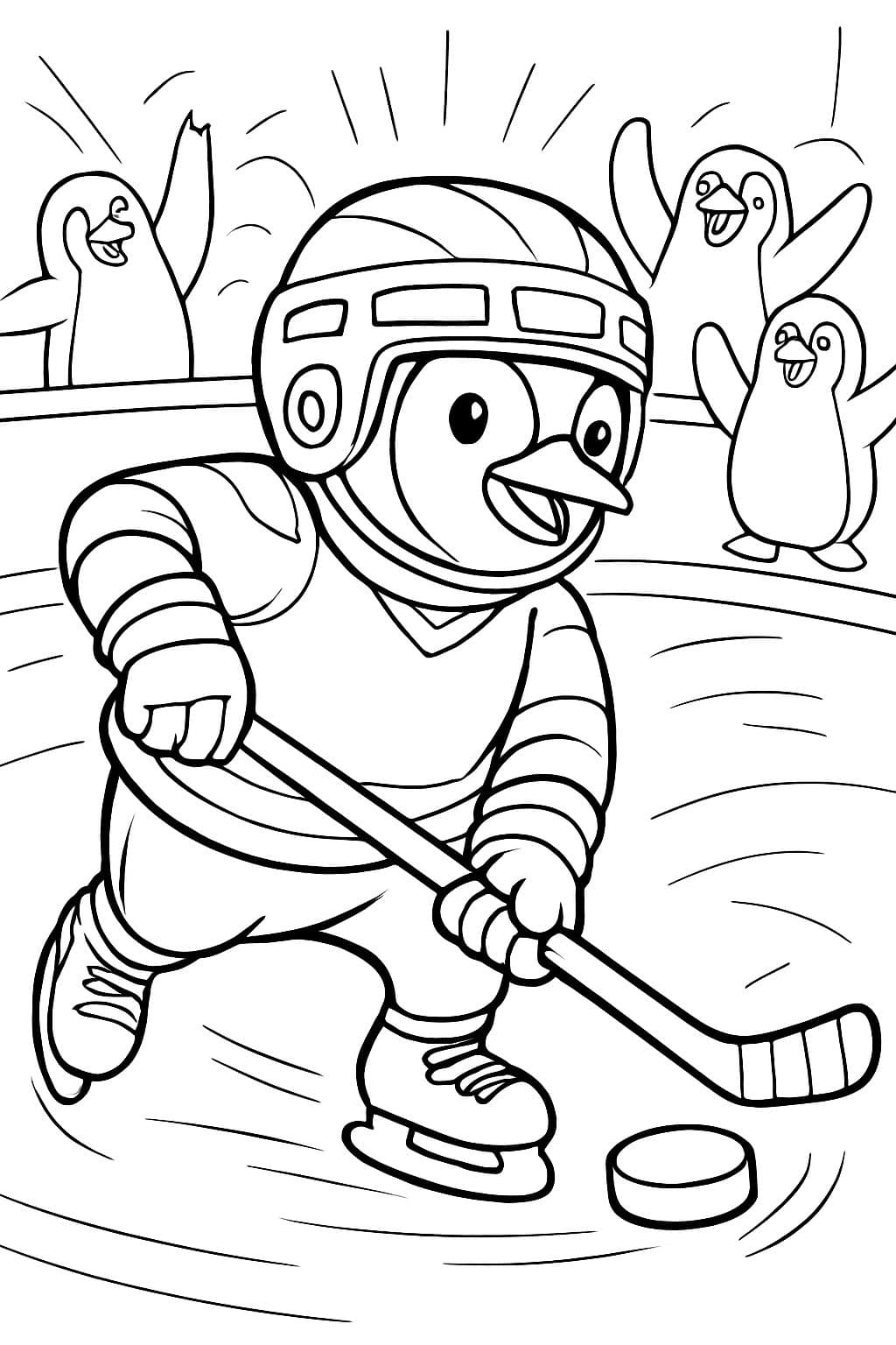 Um pinguim jogando hóquei e vestindo equipamento de hóquei com pinguins como fãs