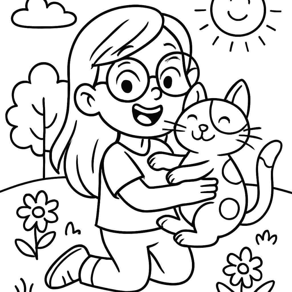 Une fille avec des lunettes et des cheveux longs tenant un chat blanc avec des taches grises.