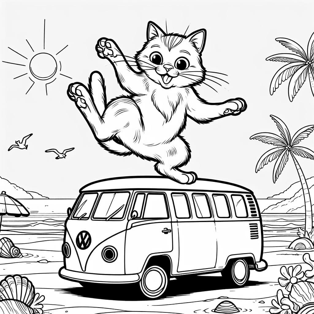 eine Katze, die am Strand auf einem Volkswagen-Bus tanzt
