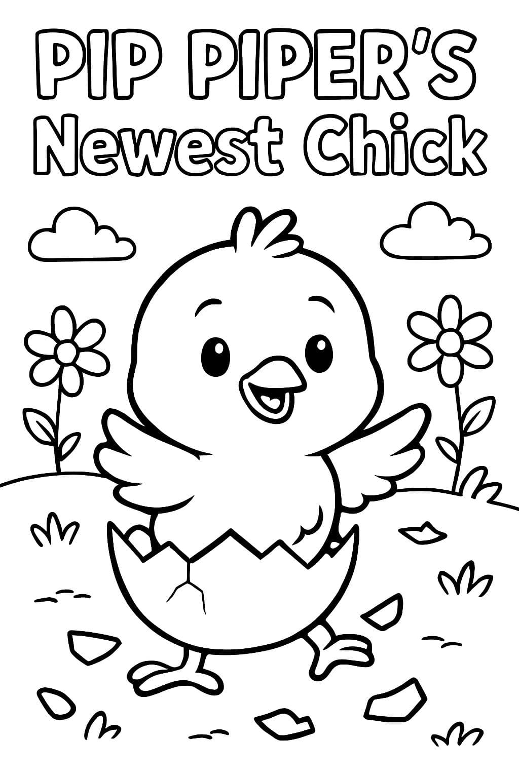 Pintaquinho recém-nascido de Páscoa com o texto: O mais novo pintinho de Pip Piper.