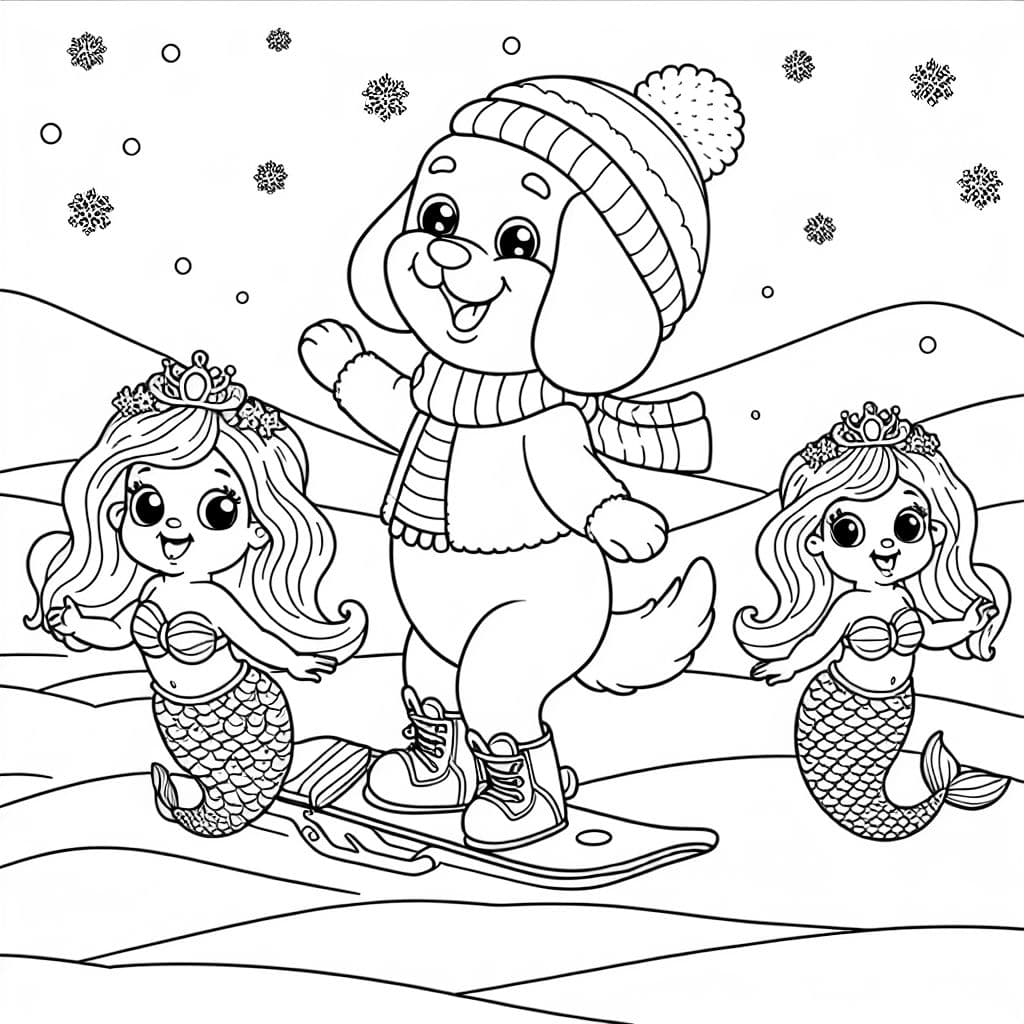 Um cachorro avô sereia fazendo snowboard com duas irmãs sereias brincando na neve.
