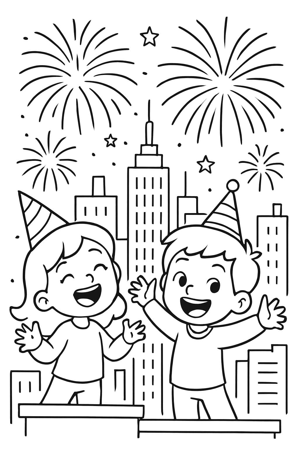 Fuegos artificiales de Año Nuevo en la cima de rascacielos