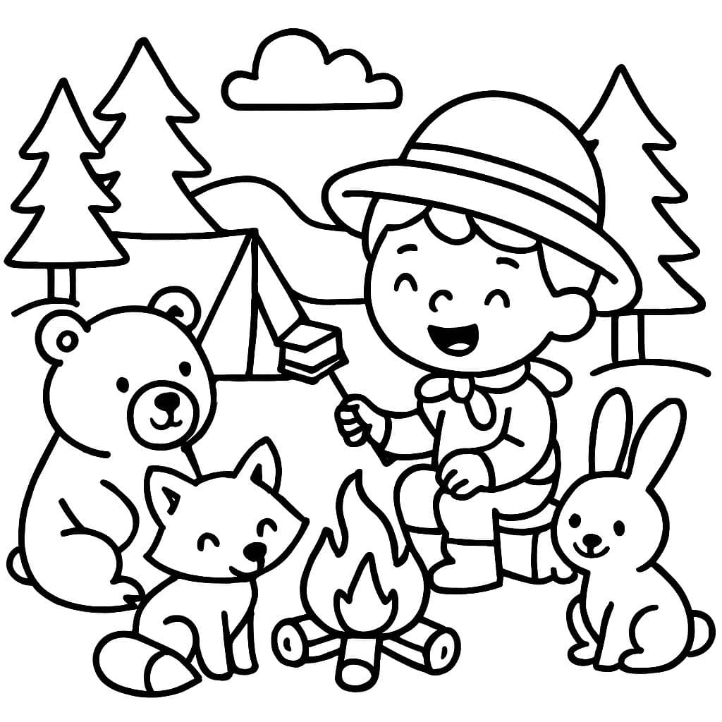 Ein glücklicher Camper macht Smores mit seinen Waldfreunden.