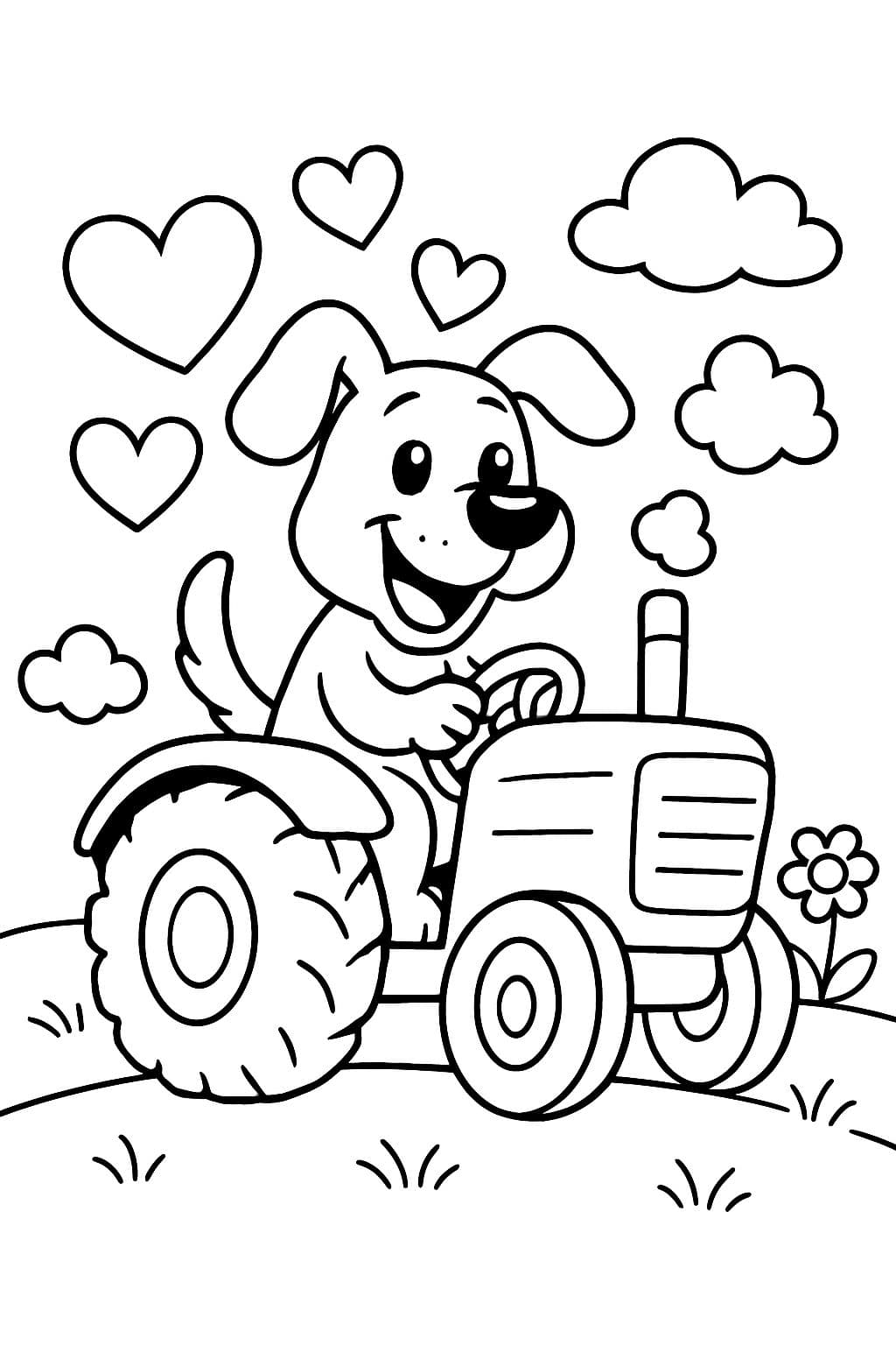 perro montando un tractor con corazones de amor