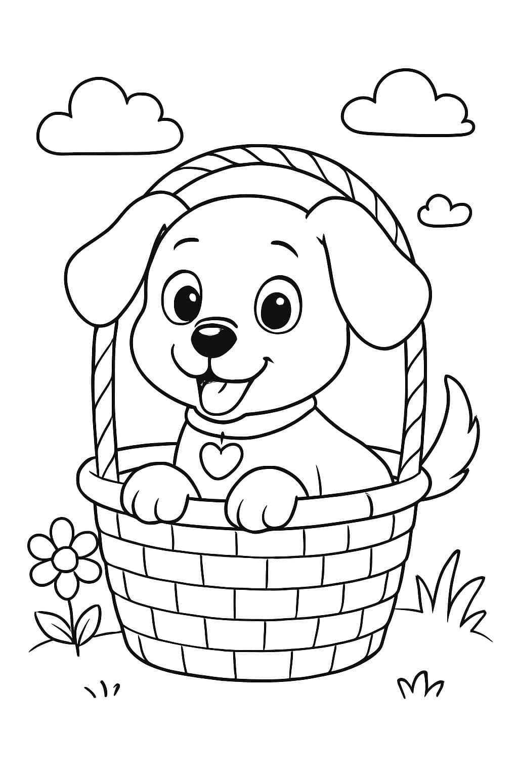 Un chiot dans un panier avec un collier en forme de cœur.