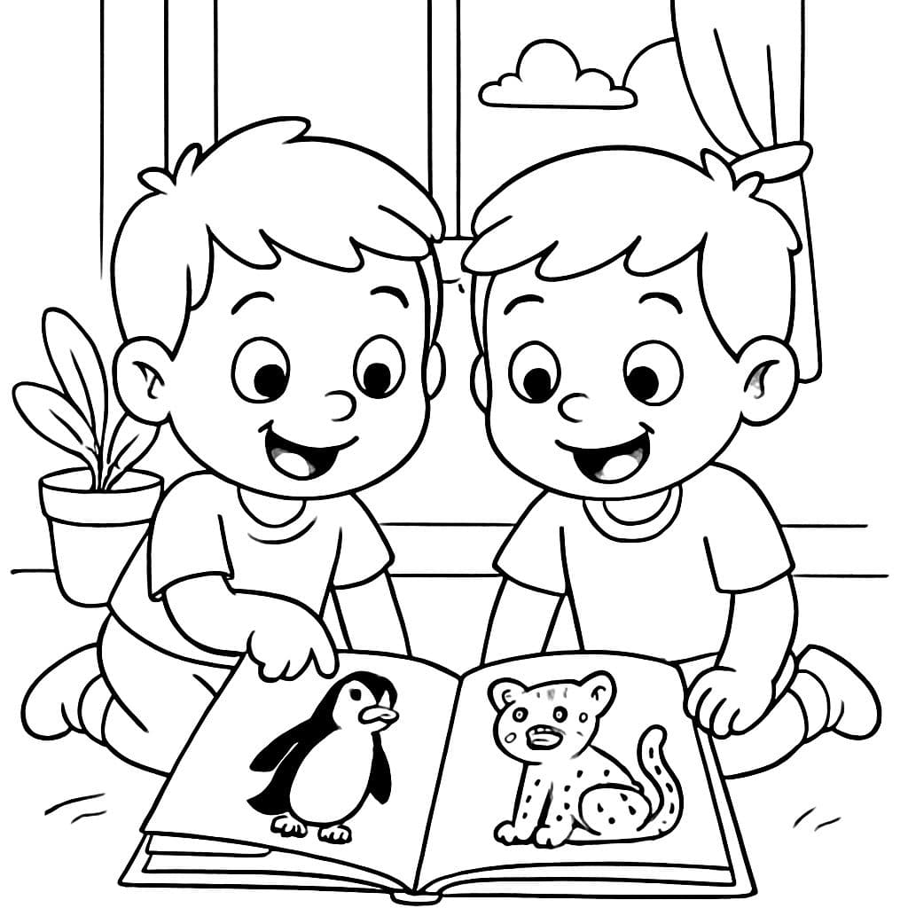 Des jumeaux regardant un album de pingouins et de guépards.