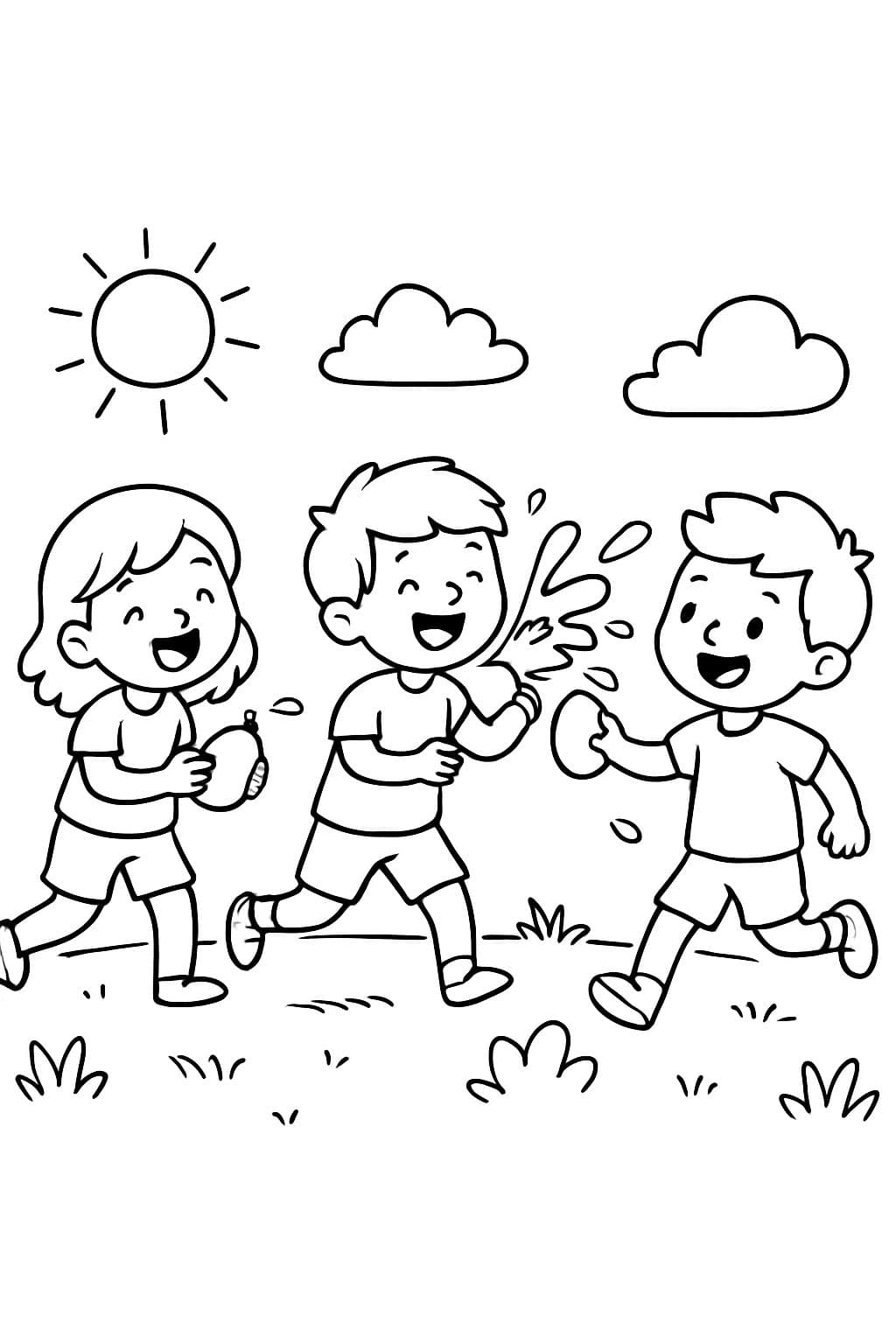 Niños jugando en una pelea de globos de agua.