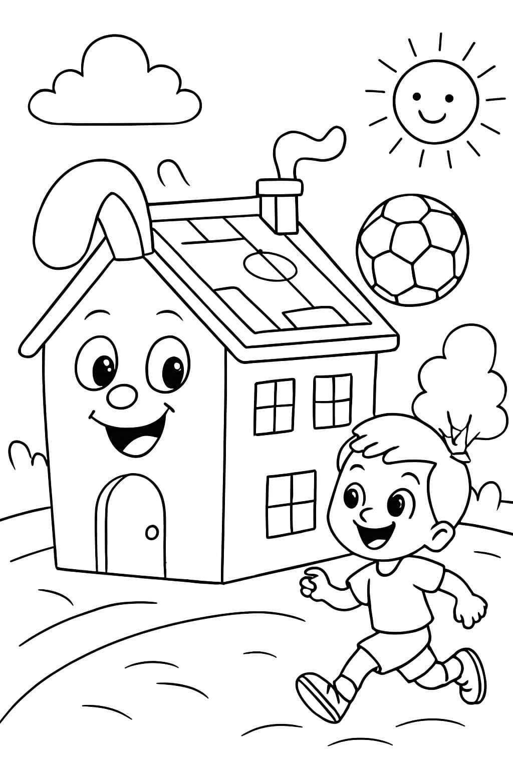 Une maison avec des oreilles et un terrain de football sur le toit.