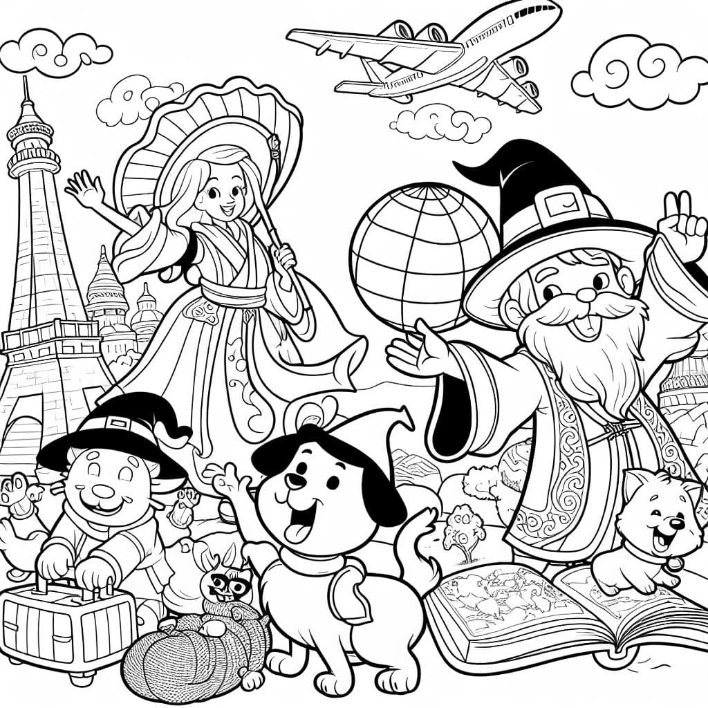 a witch, a wizard, a dog and a cat traveling around the world