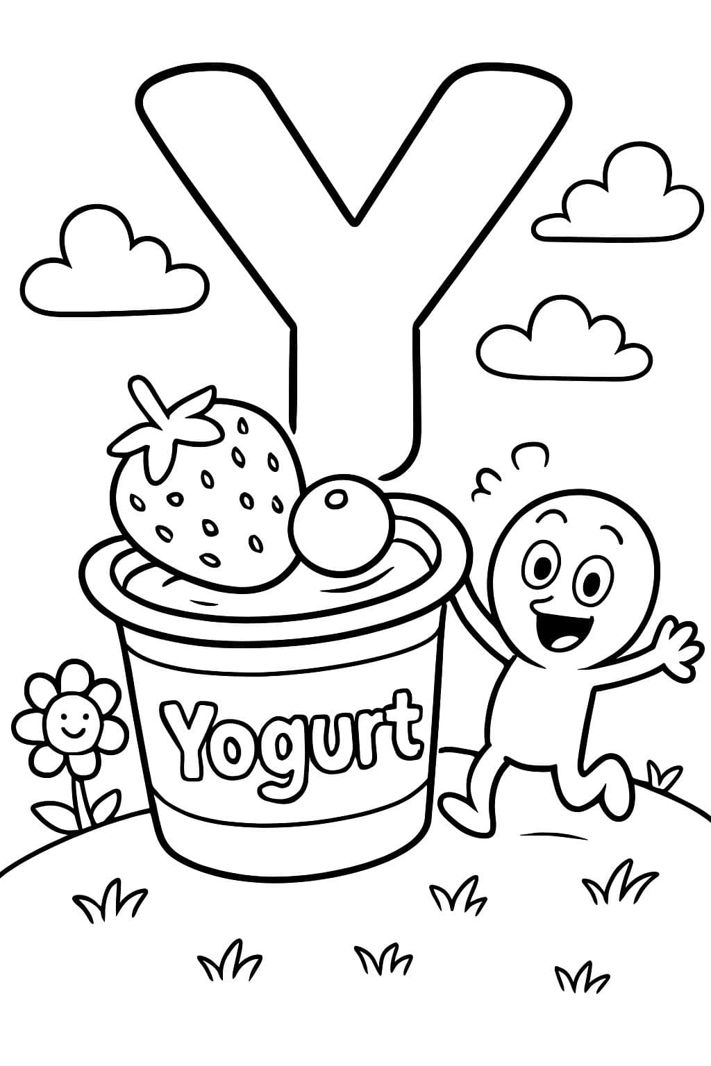 Une grande bulle "Y" est centrée en haut de la page. En dessous se trouve une image d'un contenant ouvert de yaourt avec une fraise et une myrtille sur le dessus, et "Yaourt" sur l'étiquette du contenant. Sous l'image, il devrait être écrit "Yaourt" en lettres bulles.