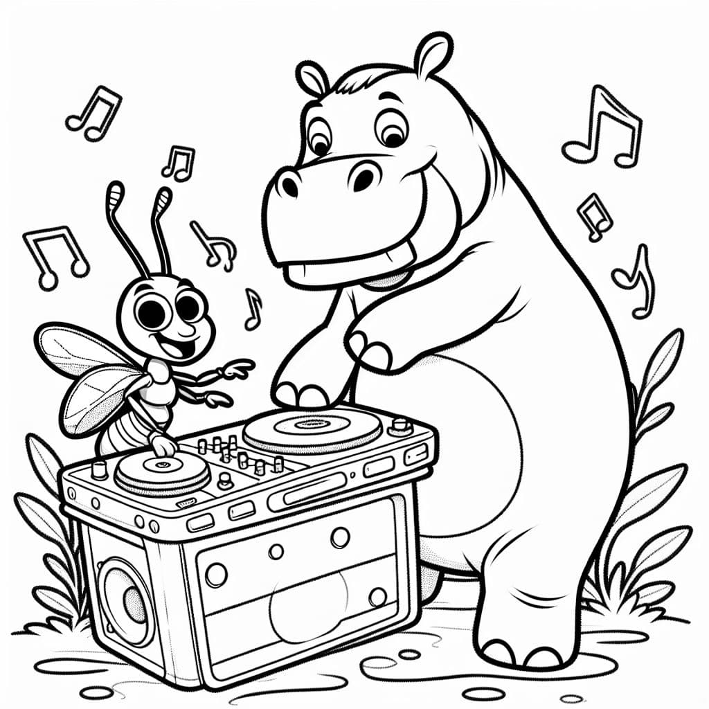 Una hormiga en la cabina de DJ levanta un hipopótamo y baila