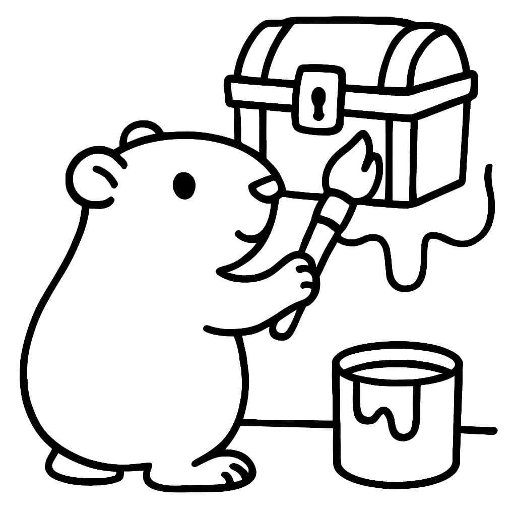Ein Meerschweinchen malt eine Schatztruhe an eine Wand.