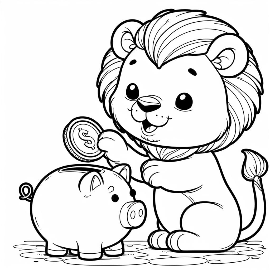 cachorro de león poniendo dinero en una alcancía