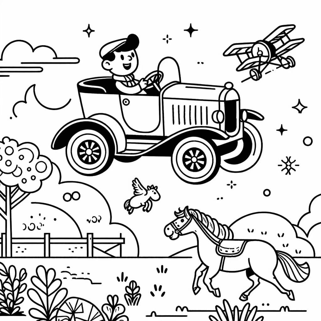 une voiture avec un garçon au volant. La voiture vole au-dessus d'un cheval