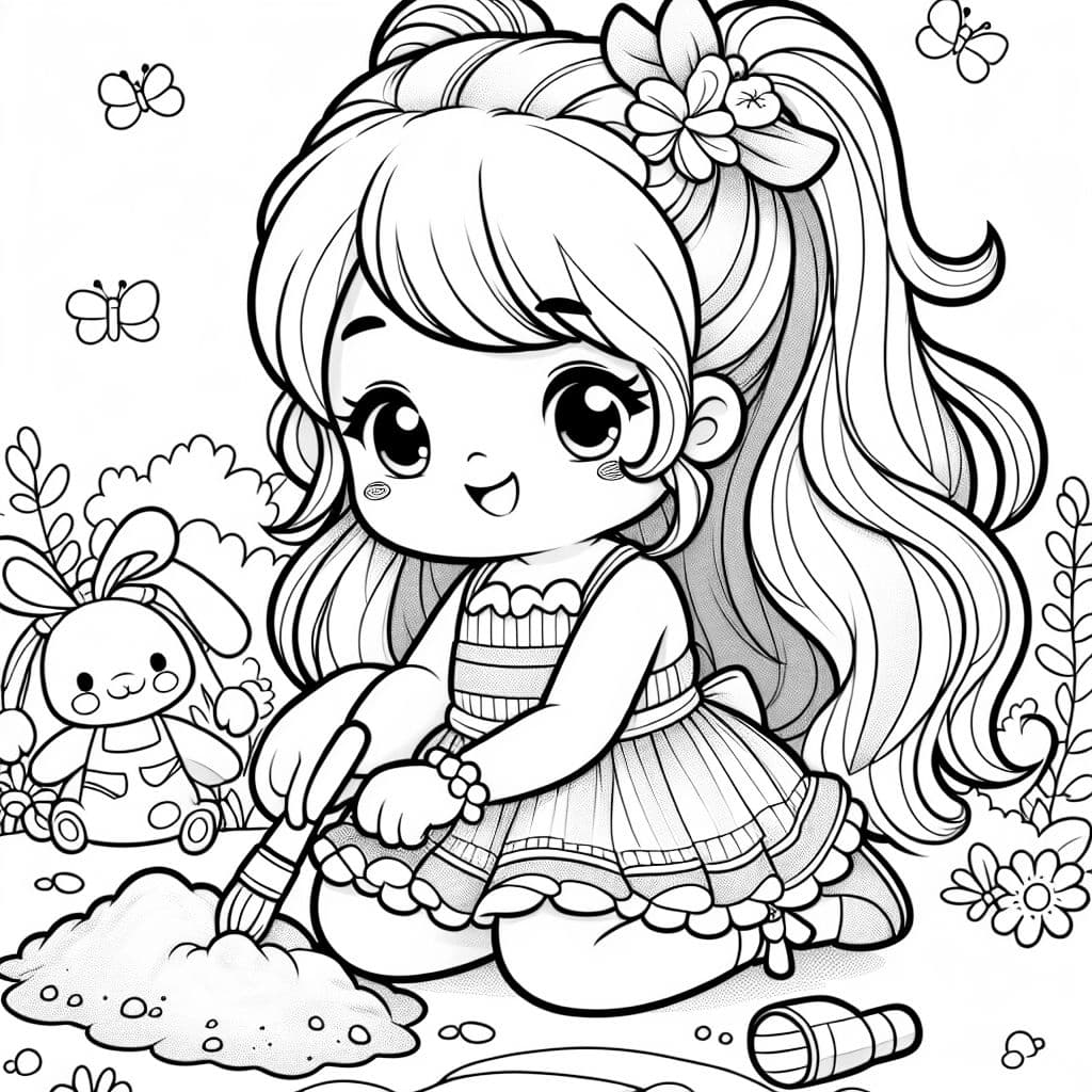 una niña pequeña con cabello largo y un vestido jugando