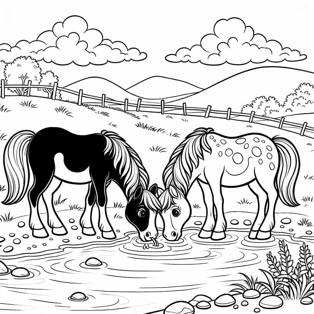 two horses drinking at a shallow river. One horse is black with white spots