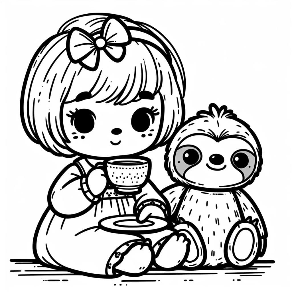 Blonde toddler girl with short hair and bow in hair, drinking tea with a stuffed animal sloth