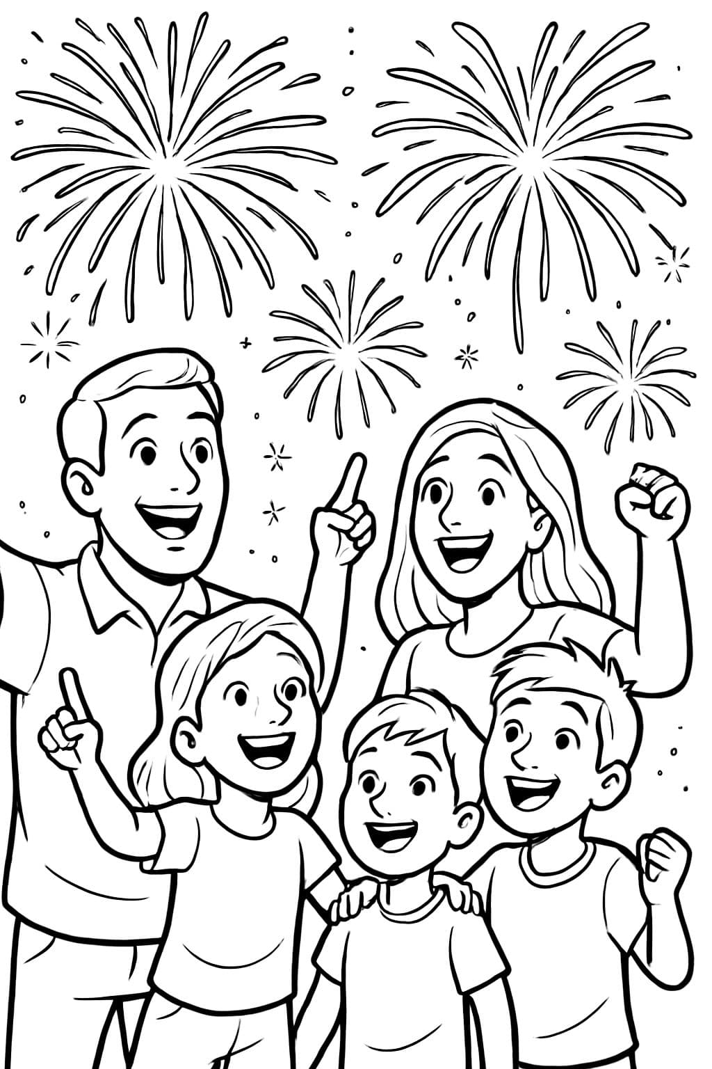 Une famille de 5 personnes lors d'un spectacle de feux d'artifice.