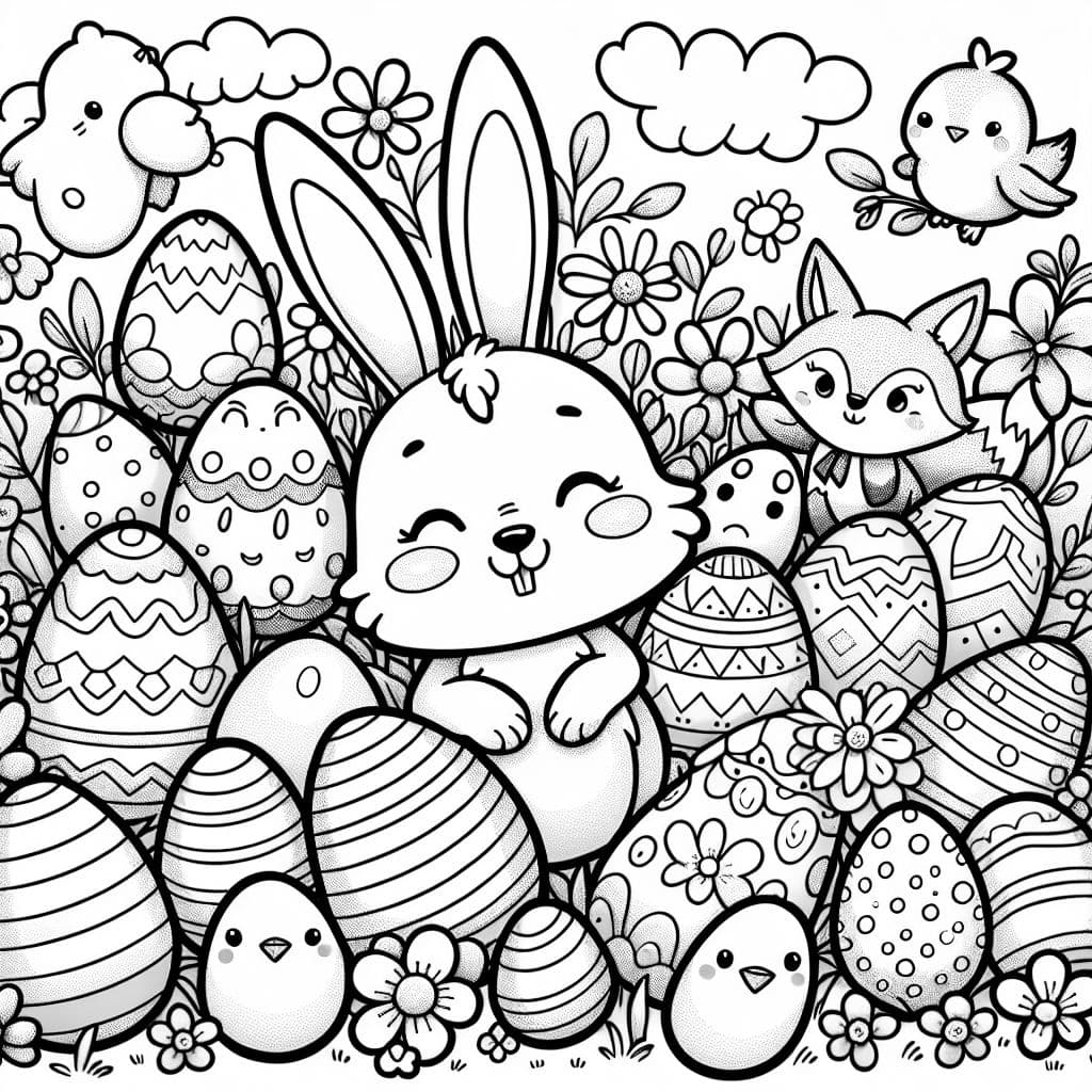Osterhase mit vielen bunten Ostereiern und vielen kleinen Küken und einem Fuchs und einem Frosch