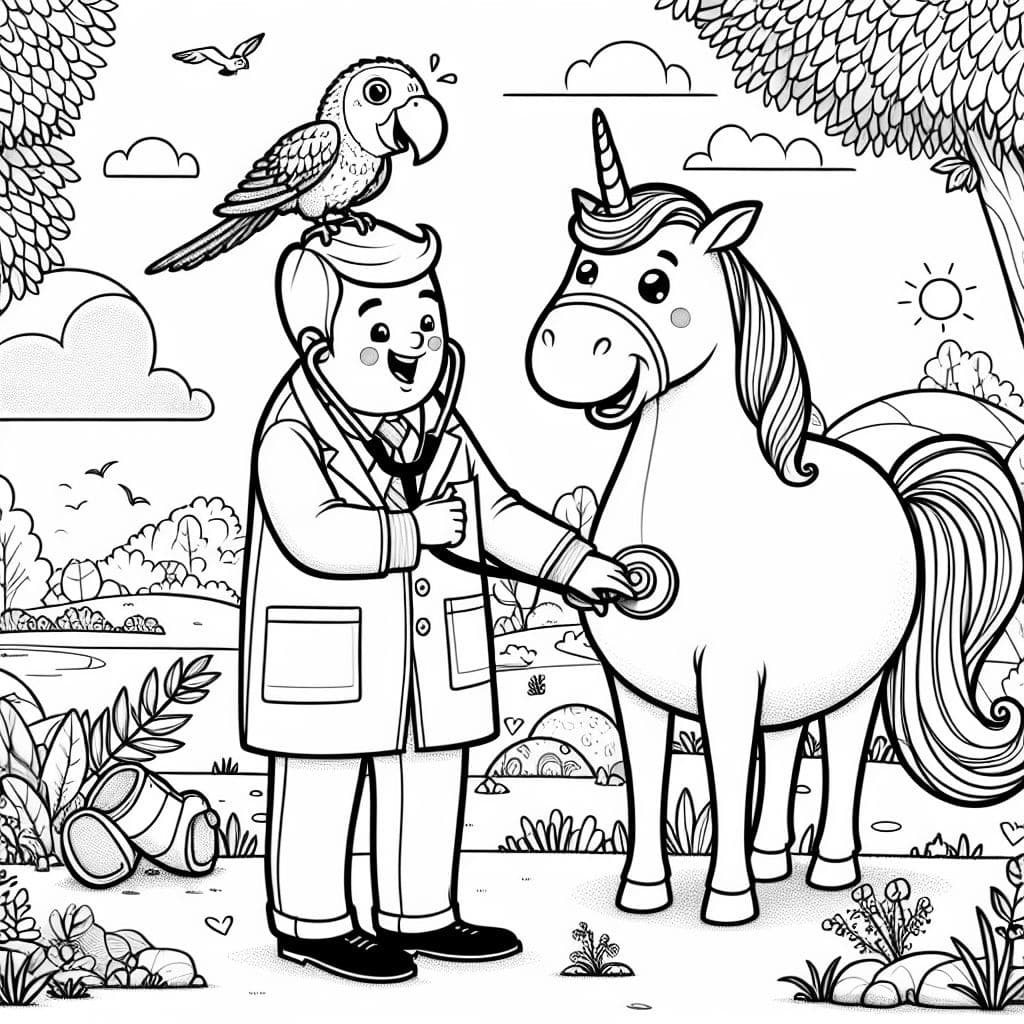 Un oiseau et un médecin s'occupent d'une licorne enceinte.