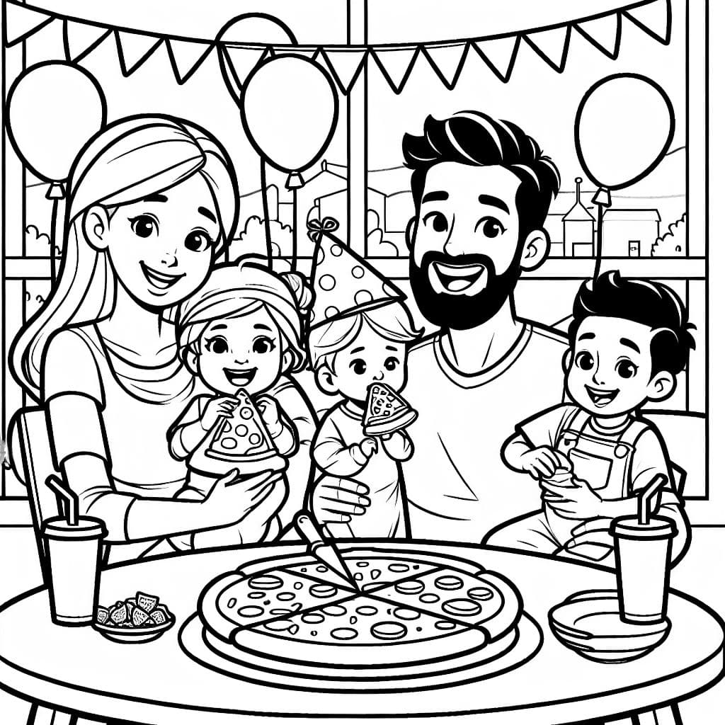 einfache Pizza-Party mit Mama, Papa, kleinem Jungen und Baby