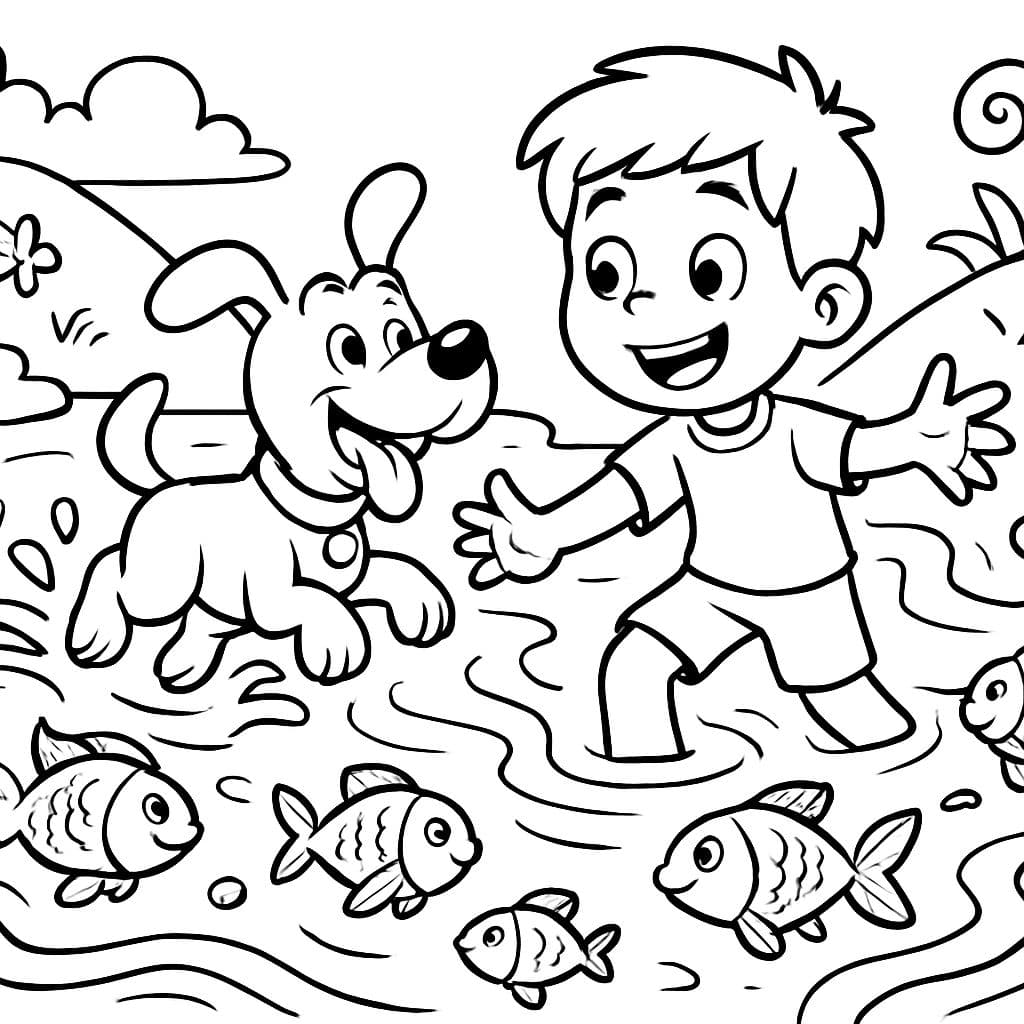 Chien et enfant dans une rivière magique avec des poissons